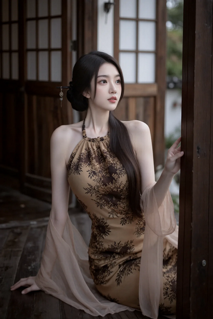 Brown halter-neck, backless, sexy, fitted, bodycon long ball gown R7534