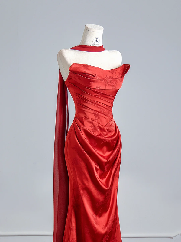 Red strapless satin fitted long ball gown R8148