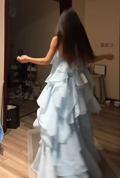 Light blue halter neck puffy cake backless sexy long ball gown R8084