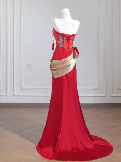 Red strapless, fitted waist, bodycon, sexy and elegant long ball gown/bridal dress R8255