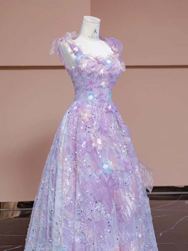 Light purple floral print halter top, fitted A-line skirt, long ball gown/bridal dress R8342