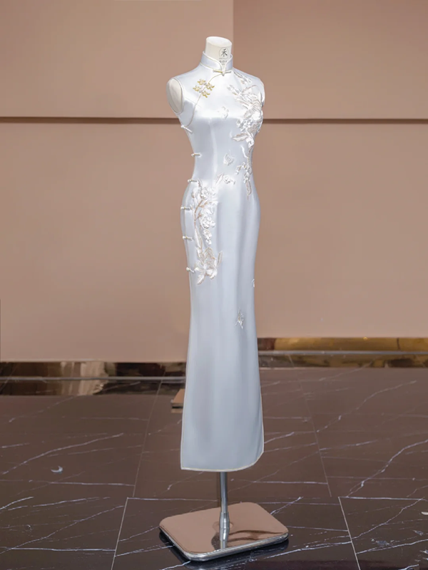 White Chinese-style cheongsam, fitted waist, long ball gown, bridal dress R8285