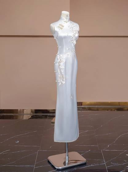 White Chinese-style cheongsam, fitted waist, long ball gown, bridal dress R8285