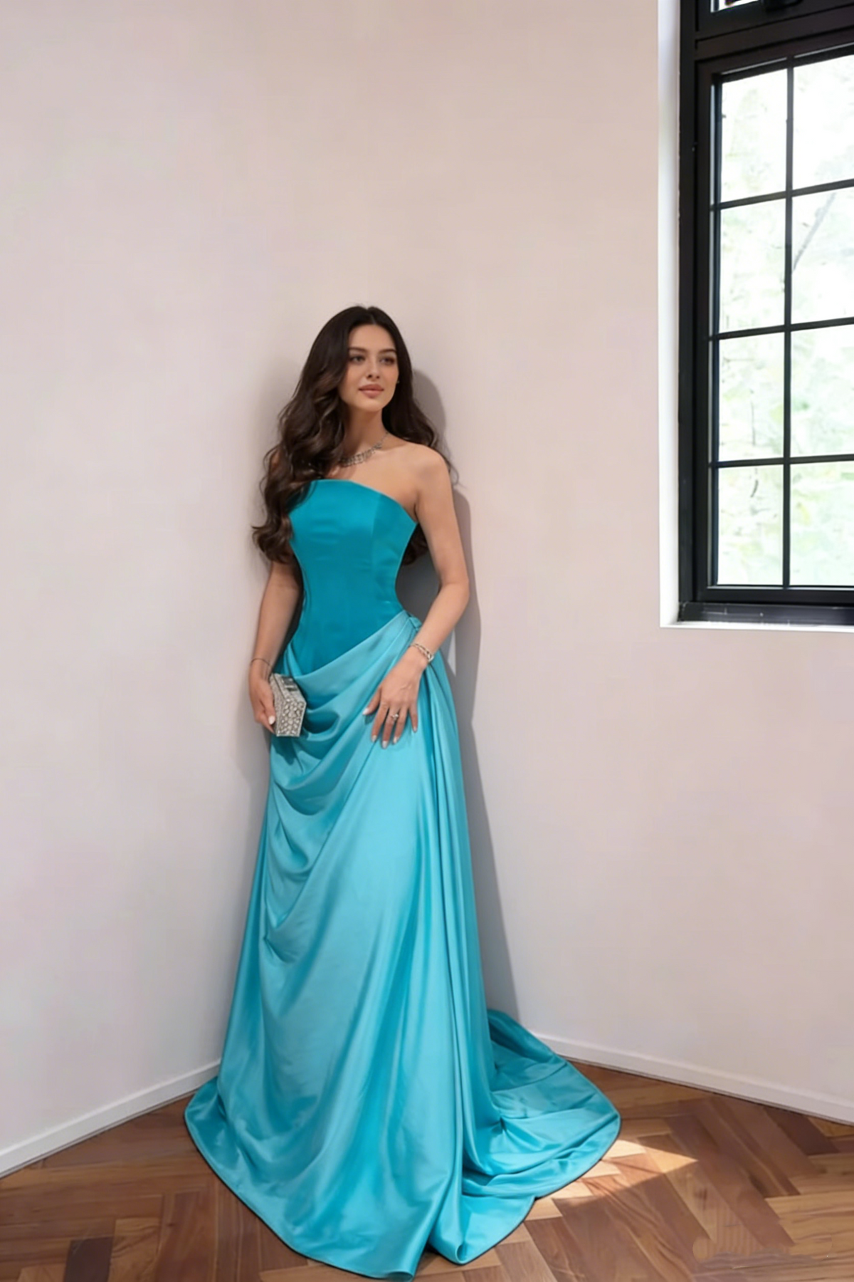 Chic Strapless Blue Satin Pleated Wedding Guest Dress Long Mermaid Party Dress SP1686
