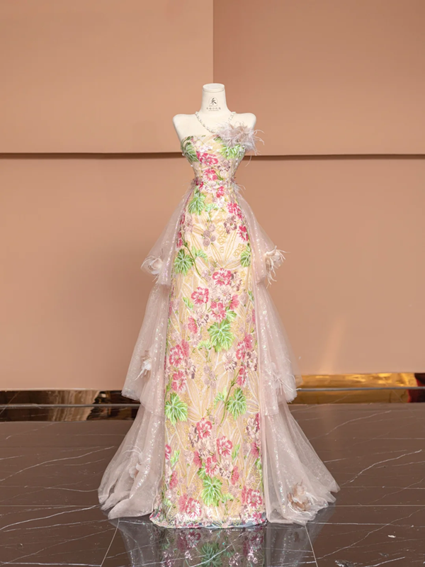 Apricot-colored delicate floral print halter-neck slim-fit elegant ball gown/bridal dress R8490