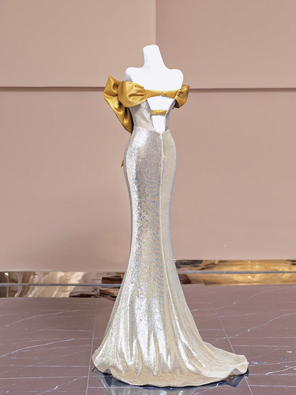 Gold bow neckline, silver sequined, fitted waist, bodycon long ball gown R8376