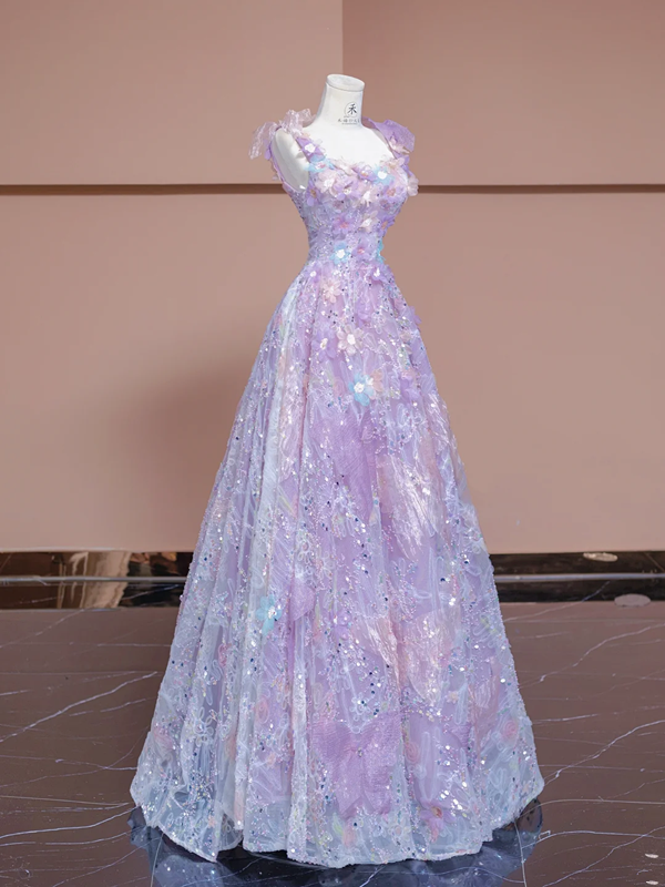 Light purple floral print halter top, fitted A-line skirt, long ball gown/bridal dress R8342
