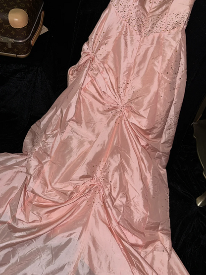 Pink strapless fitted waist princess long ball gown R7014