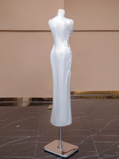 White Chinese-style cheongsam, fitted waist, long ball gown, bridal dress R8285