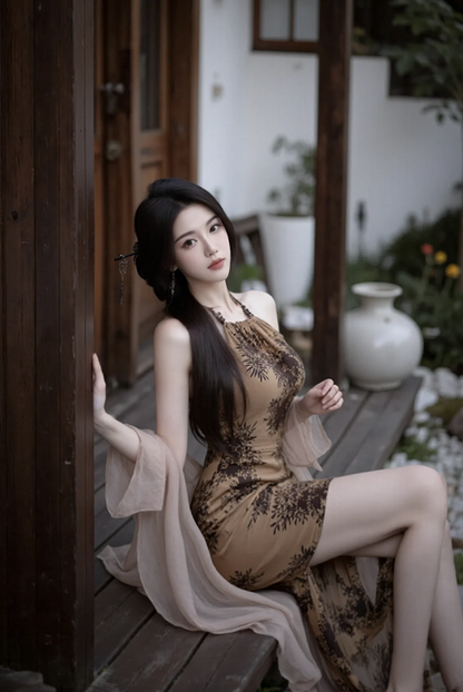 Brown halter-neck, backless, sexy, fitted, bodycon long ball gown R7534