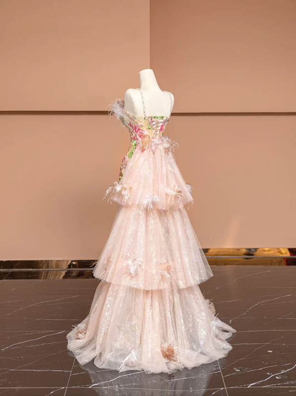 Apricot-colored delicate floral print halter-neck slim-fit elegant ball gown/bridal dress R8490