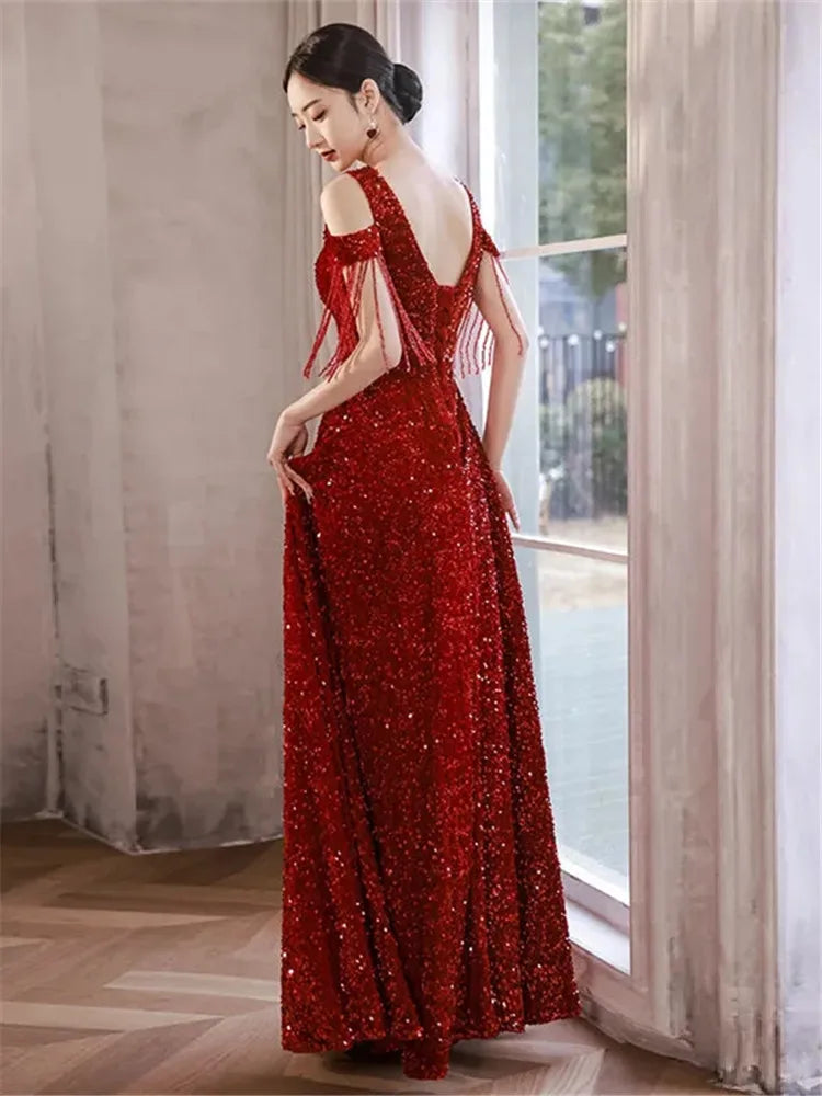 Wine Red Sequins Evening Ball Gown Banquet Party Long Dress