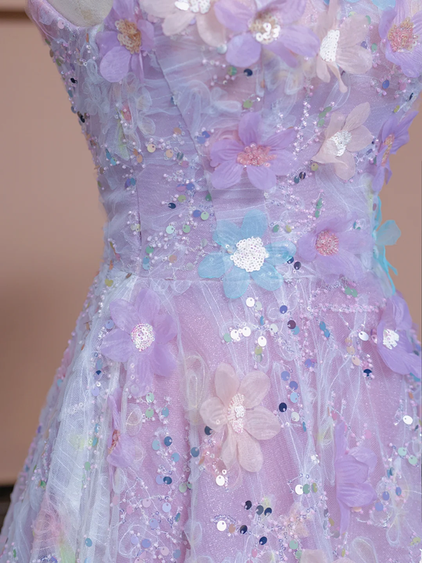 Light purple floral print halter top, fitted A-line skirt, long ball gown/bridal dress R8342