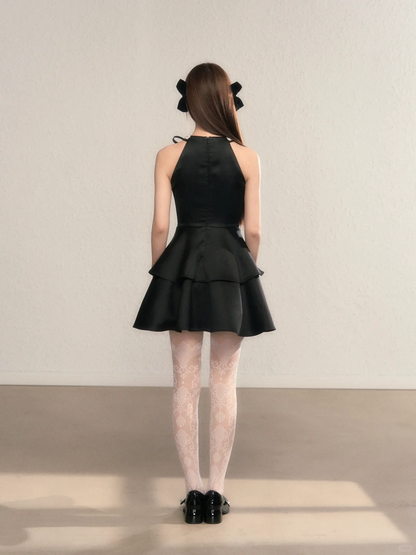 Black sleeveless slim waist A-line short skirt homecoming dress R5404