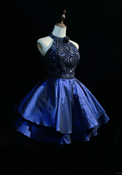 Blue halter neck waist hollow design princess skirt homecoming dress R4922