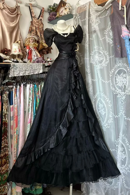 Black fitted A-line long ball gown, elegant style R8648