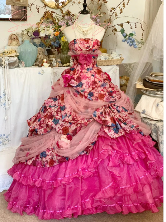 Pink Complex Floral Long Tulle Cake Dress Ball Gown Evening Gown Quinceanera Dresses Wedding Dress gh4580