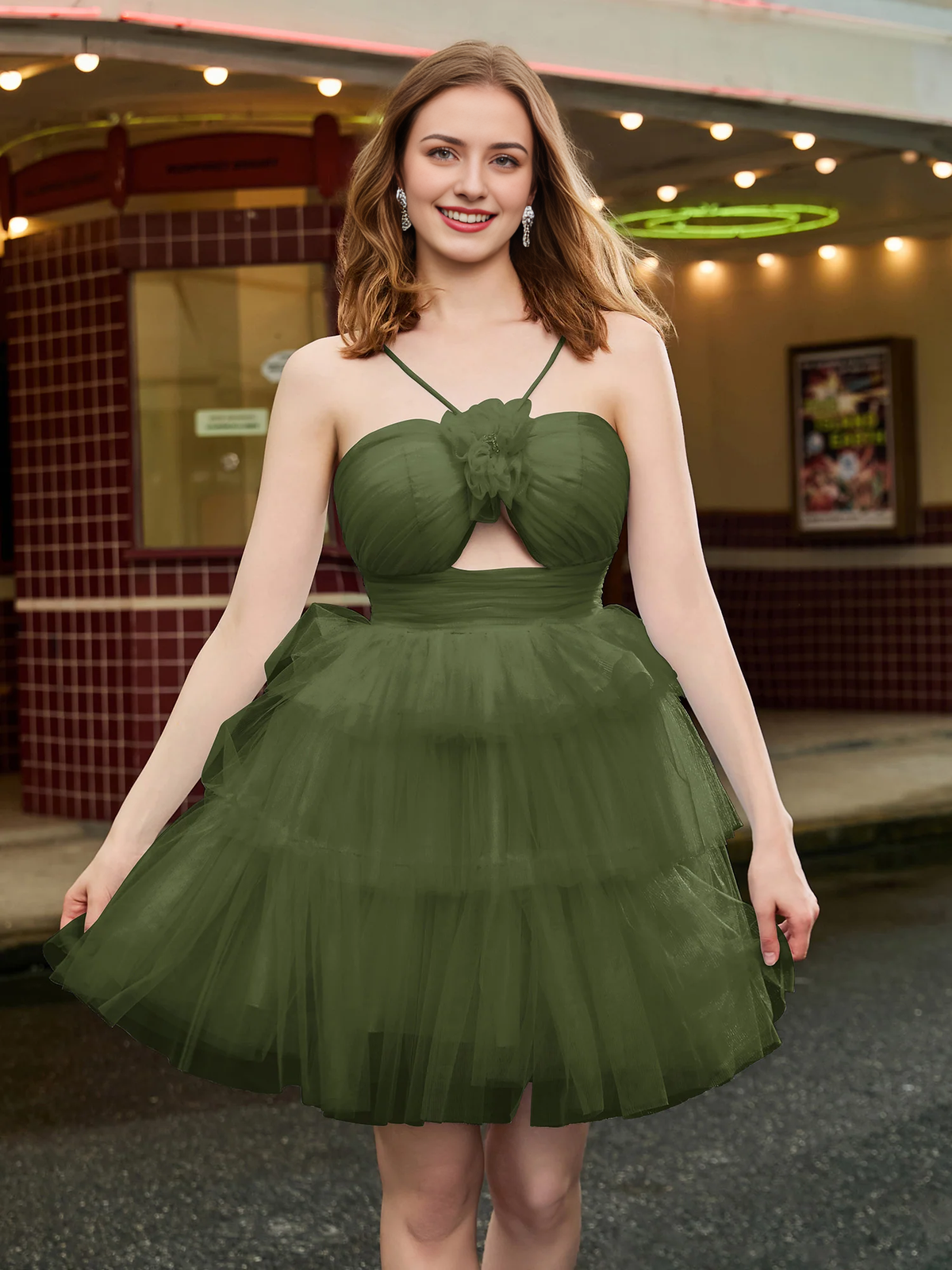 A-line hanging neck thin gauze layered short Homecoming dress