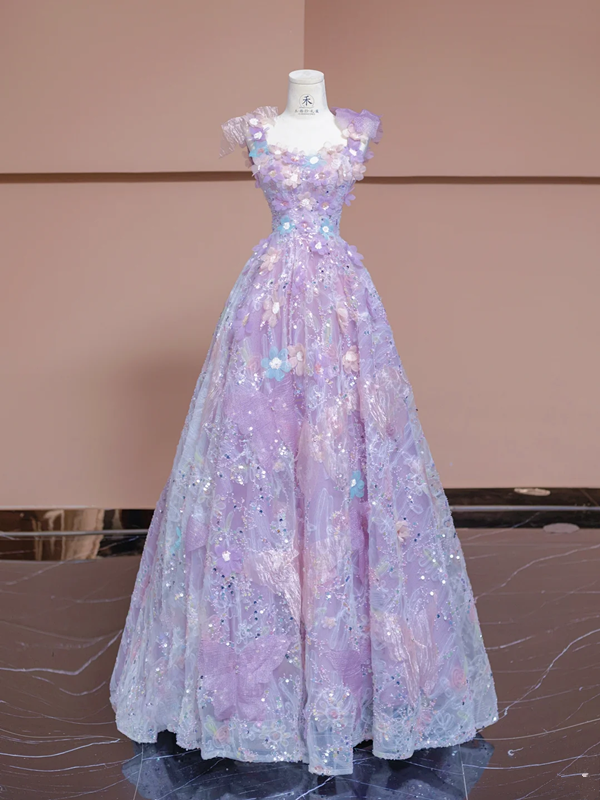 Light purple floral print halter top, fitted A-line skirt, long ball gown/bridal dress R8342