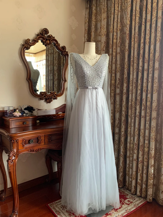 Haze Blue V-Neck Waist-Cinched Elegant Prom Gown, Evening Formal Dress gh7242