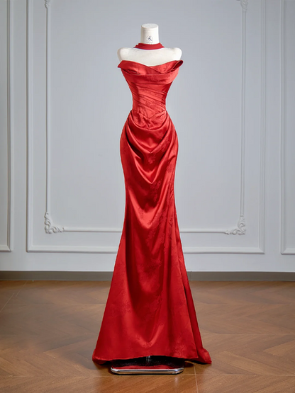 Red strapless satin fitted long ball gown R8148
