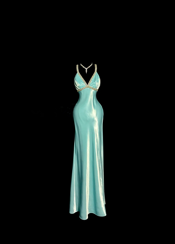 Light blue halter-neck fitted backless long sexy ball gown R8104