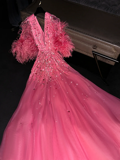 Pink V-neck fitted waist long ball gown/bridal dress R8741