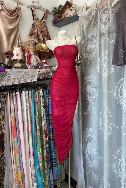 Red strapless fitted waist slim-fitting sexy long ball gown R7802