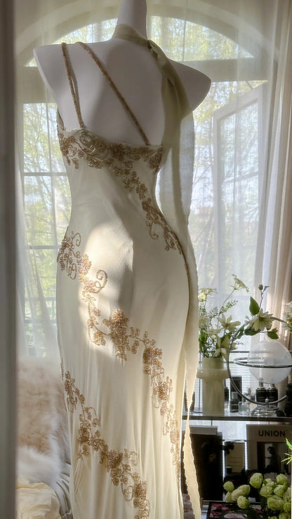 Ivory/Green Vintage Fashion One Shoulder Exquisite Beaded Long Chiffon Ball Gown Birthday Party Dress Cocktail Party Dress Evening Dress Prom Dress gh3971