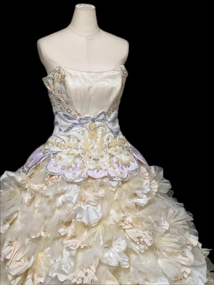 Glamorous Champagne Strapless Ruffled Beaded Floral Sweet 15 Quinceanera Ball Gown TP5493