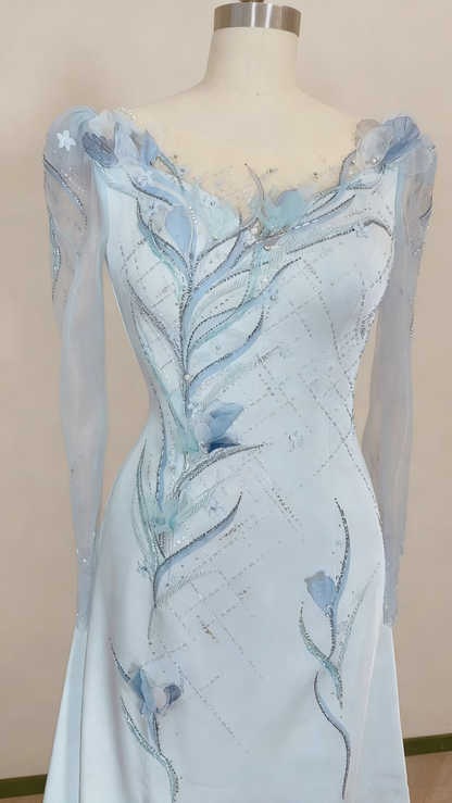 Formal Dress Light Blue Satin Sheer Long-Sleeve Beaded Floral Floor-Length Gown  gh6389