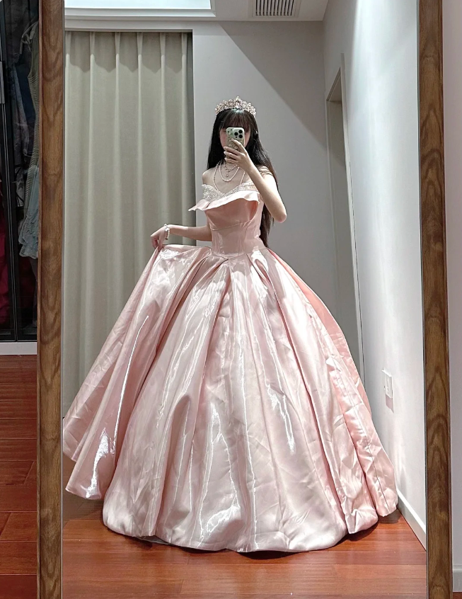 Princess Pink Strapless Ruffled Neck Satin Floor-Length Ball Gown Evening Dress cc5288