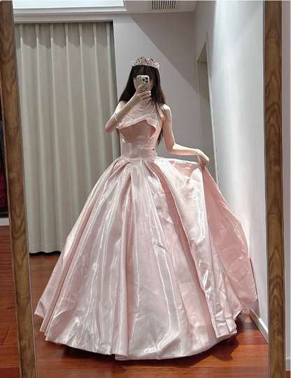 Princess Pink Strapless Ruffled Neck Satin Floor-Length Ball Gown Evening Dress cc5288