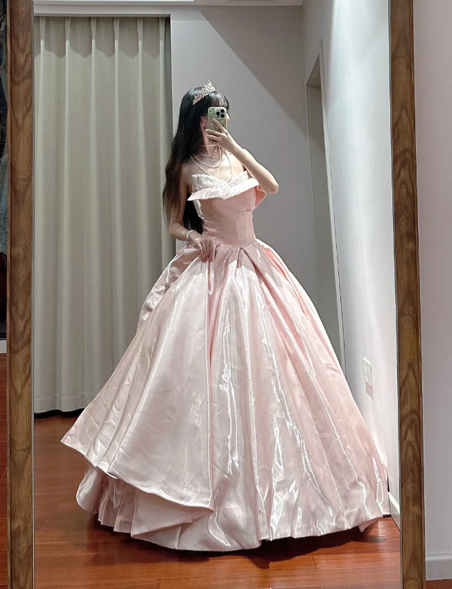 Princess Pink Strapless Ruffled Neck Satin Floor-Length Ball Gown Evening Dress cc5288