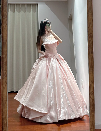 Princess Pink Strapless Ruffled Neck Satin Floor-Length Ball Gown Evening Dress cc5288