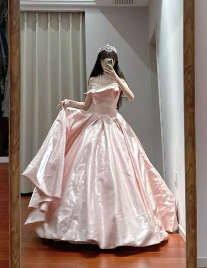 Princess Pink Strapless Ruffled Neck Satin Floor-Length Ball Gown Evening Dress cc5288