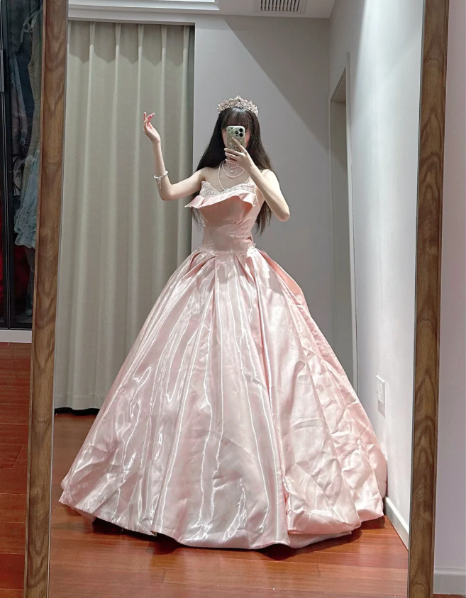 Princess Pink Strapless Ruffled Neck Satin Floor-Length Ball Gown Evening Dress cc5288