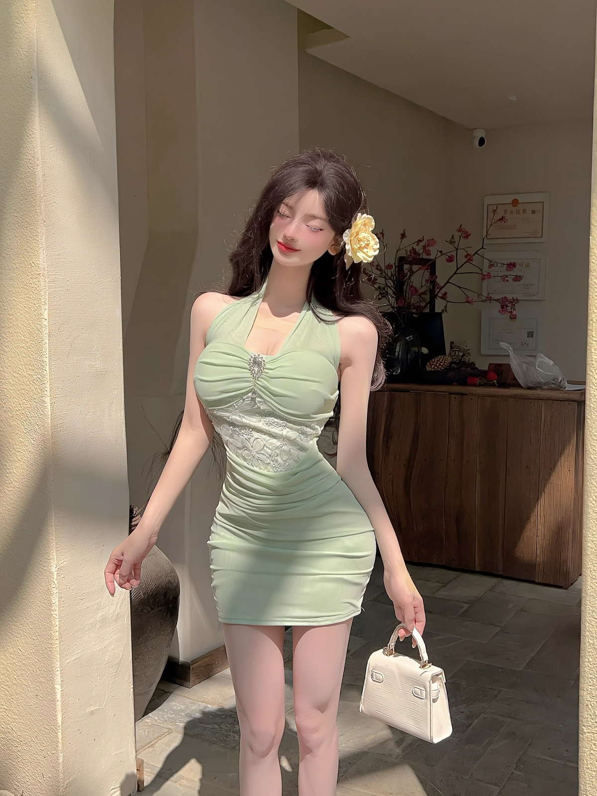New Style Light Green Appliqued Tight Design A-line Halter Homecoming Dress TP3704