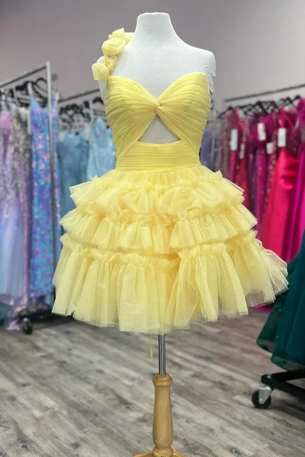Cute Yellow One-shoulder Tiered Ruffle Design A-line Short Homecoming Dress TP3588