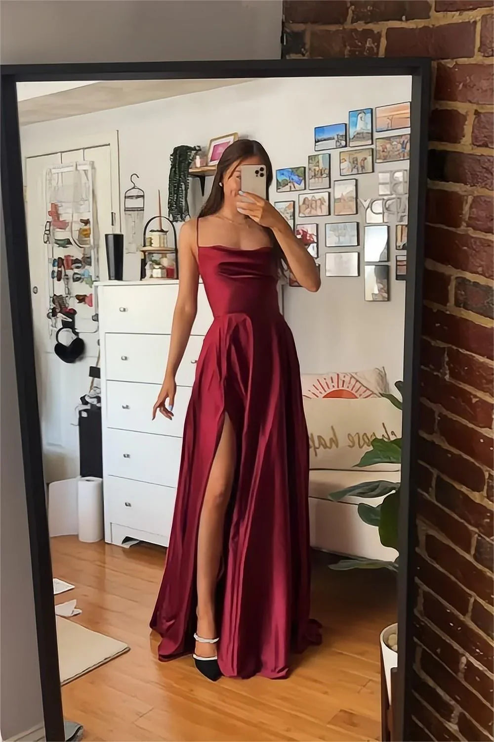 front slit A-line thin shoulder strap wine red long Prom dress