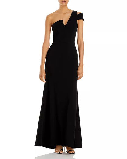 Elegant black shoulder lotus leaf edge off the shoulder and floor length evening dress