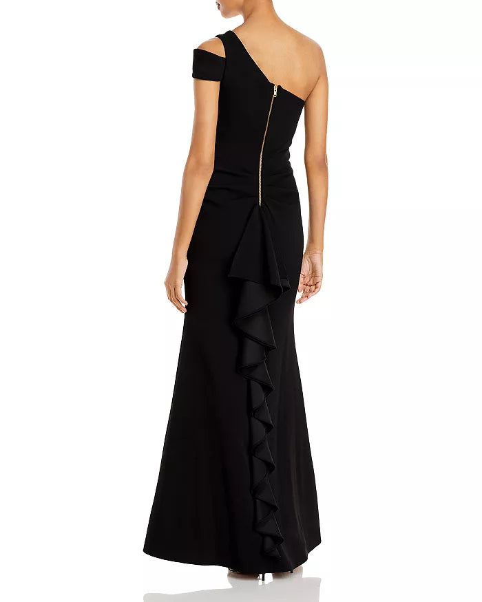 Elegant black shoulder lotus leaf edge off the shoulder and floor length evening dress