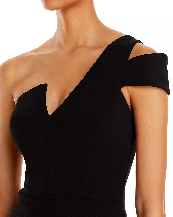 Elegant black shoulder lotus leaf edge off the shoulder and floor length evening dress