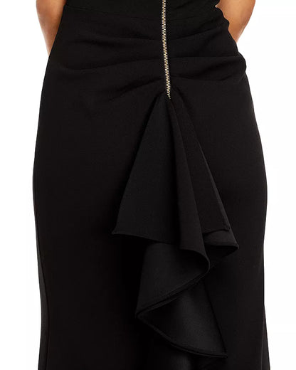 Elegant black shoulder lotus leaf edge off the shoulder and floor length evening dress