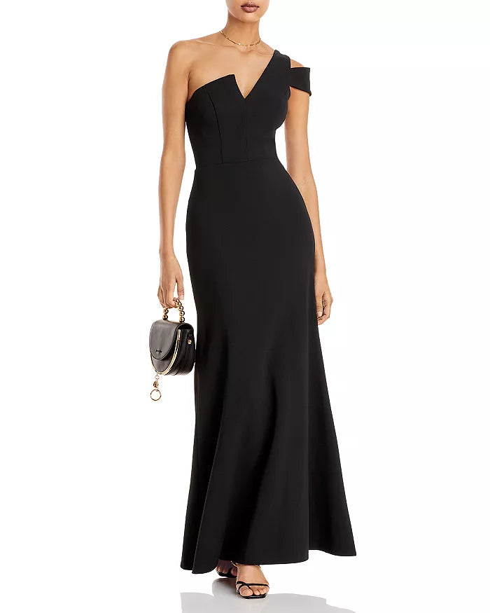 Elegant black shoulder lotus leaf edge off the shoulder and floor length evening dress