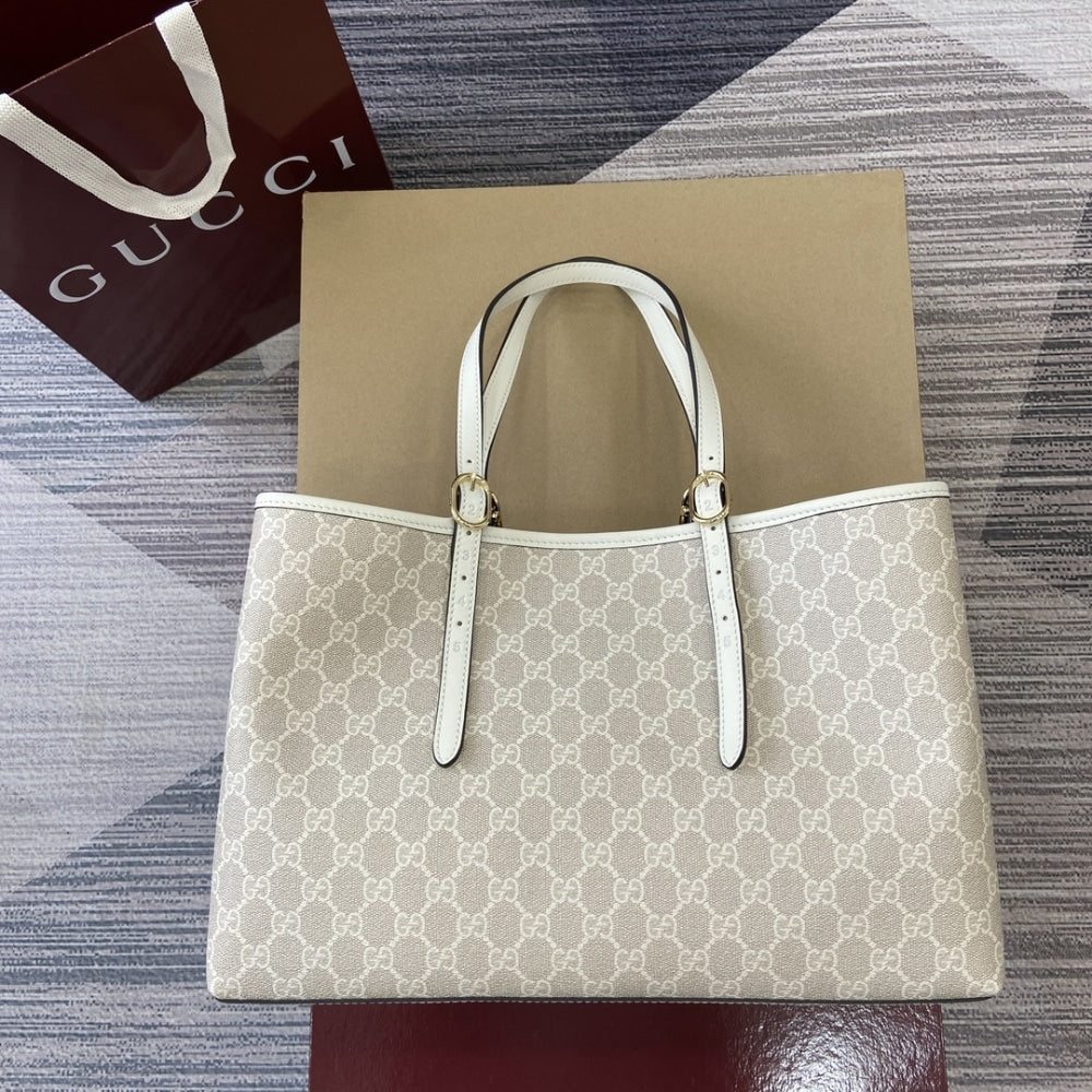 Gucci GG Emblem Large Tote Bag Beige And White GG Monogram Coated Fabric 38Cm 815213 FAD6L 9641
