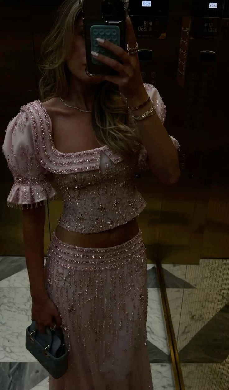 Short-Sleeve Pink Tulle Beaded Two-Piece Gown | Sweet Luxury Square Neck Cutout Maxi Dress for Gala Gathering gh6465