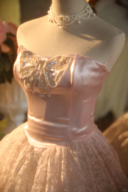 Vintage Pink Satin Strapless Sequin Bow Lace Tulle Skirt Sweet 15 Quinceanera Ball Gown TP5512