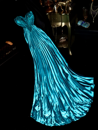 Lake blue strapless fitted satin long ball gown R6855