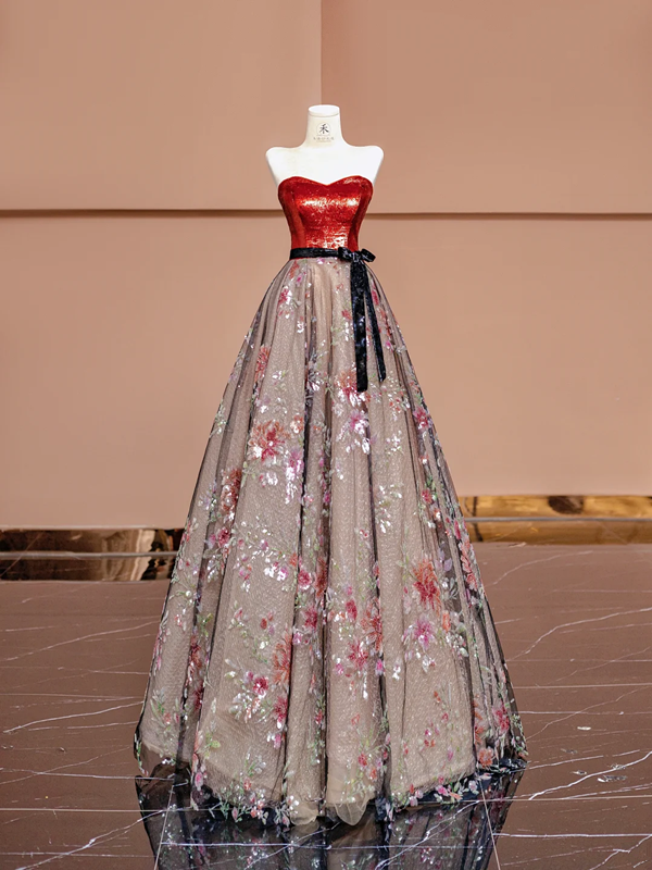Red strapless fitted bodice with black lace floral print long ball gown R8401